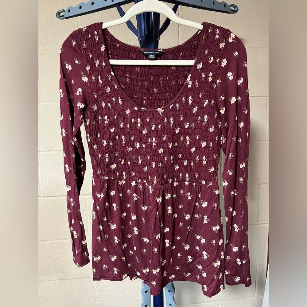 American Eagle, burgundy floral design, long sleeve shirt
